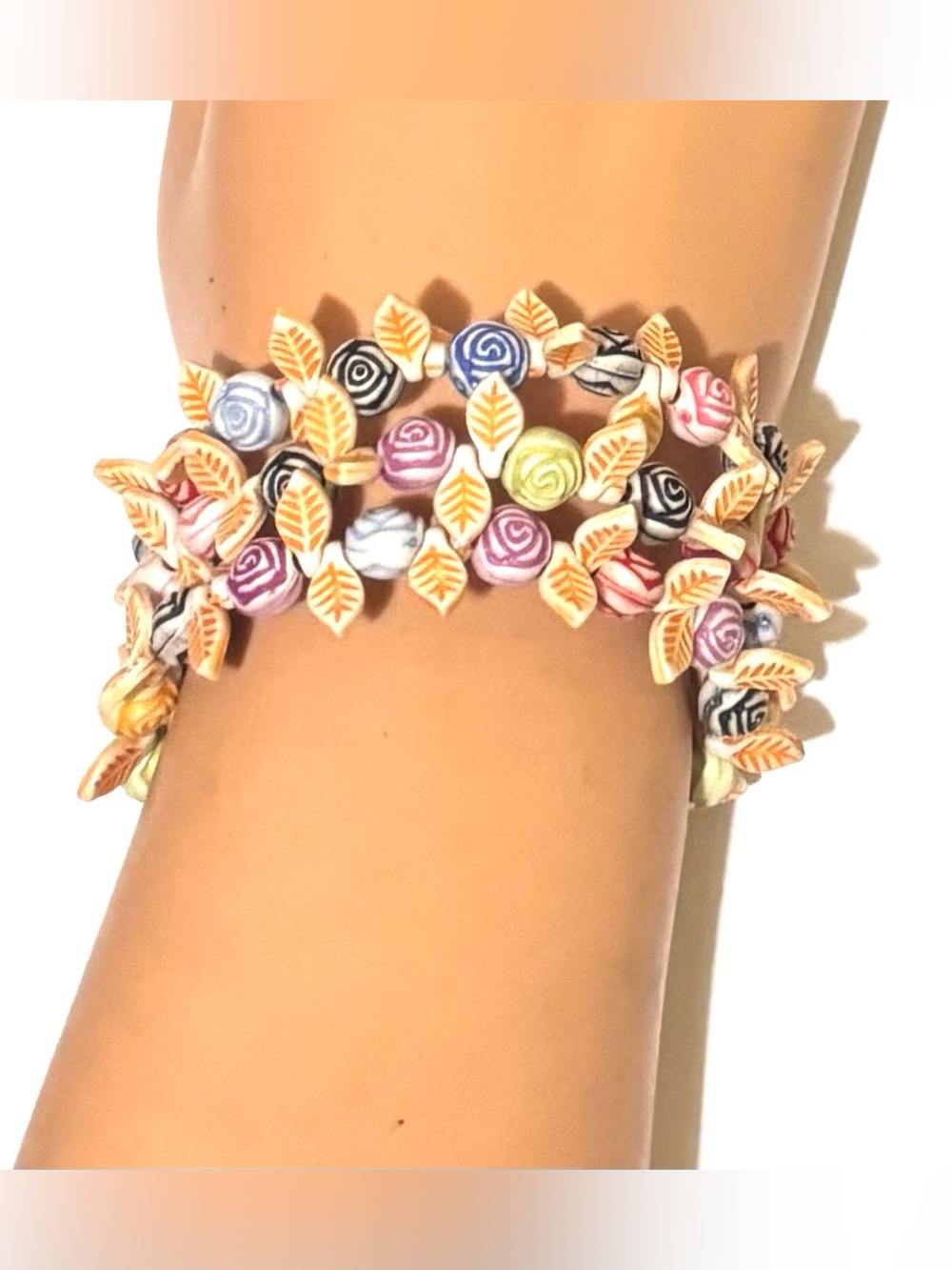 Multicolor Rose & Leaf Stretch Bracelet - Floral Bead Accent